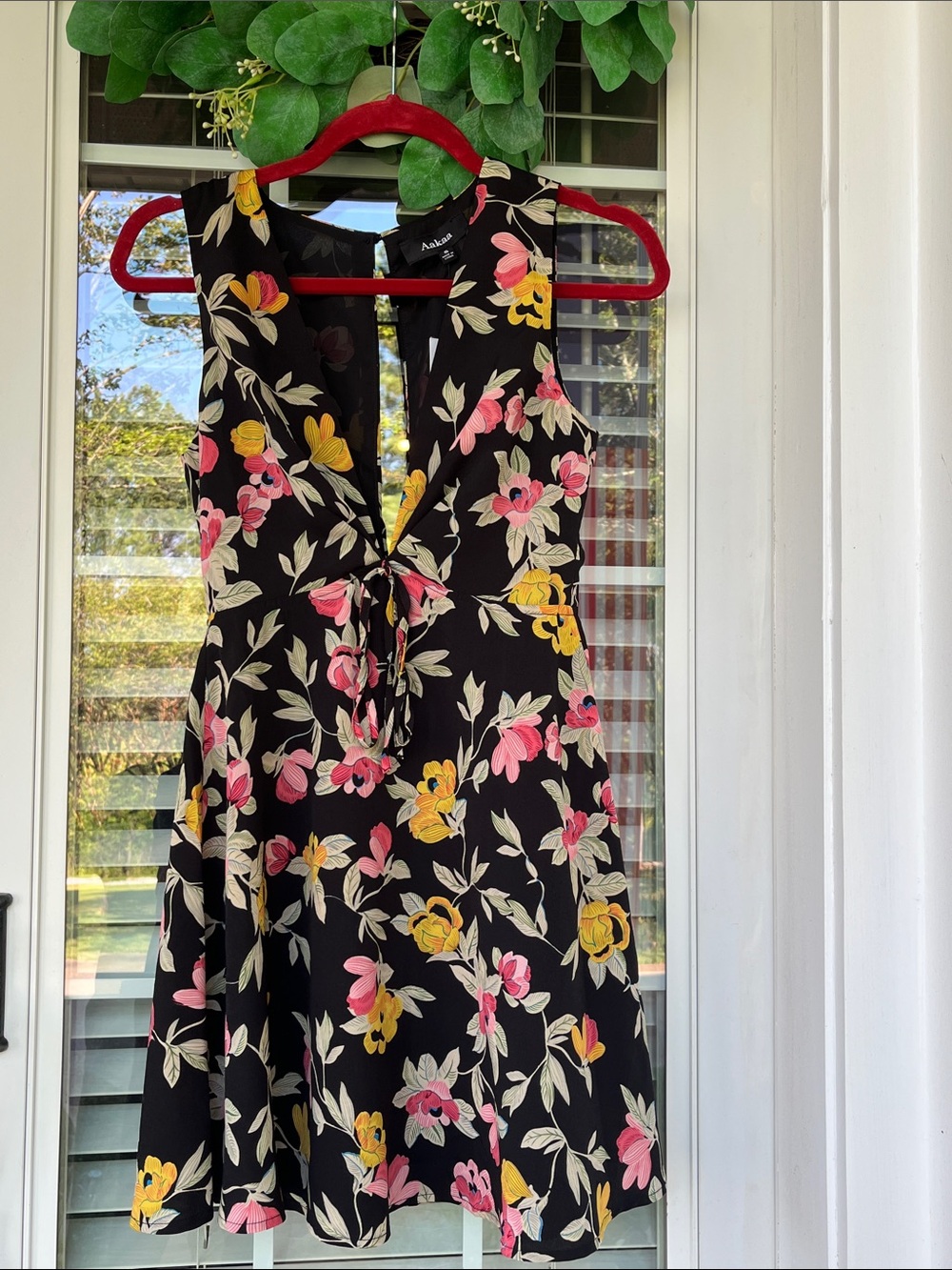 Aakaa Black Mini Dress with Pink & Yellow Floral Print